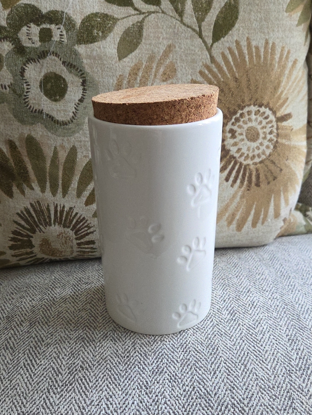 White Ceramic Paw-Print Canister with Cork Lid